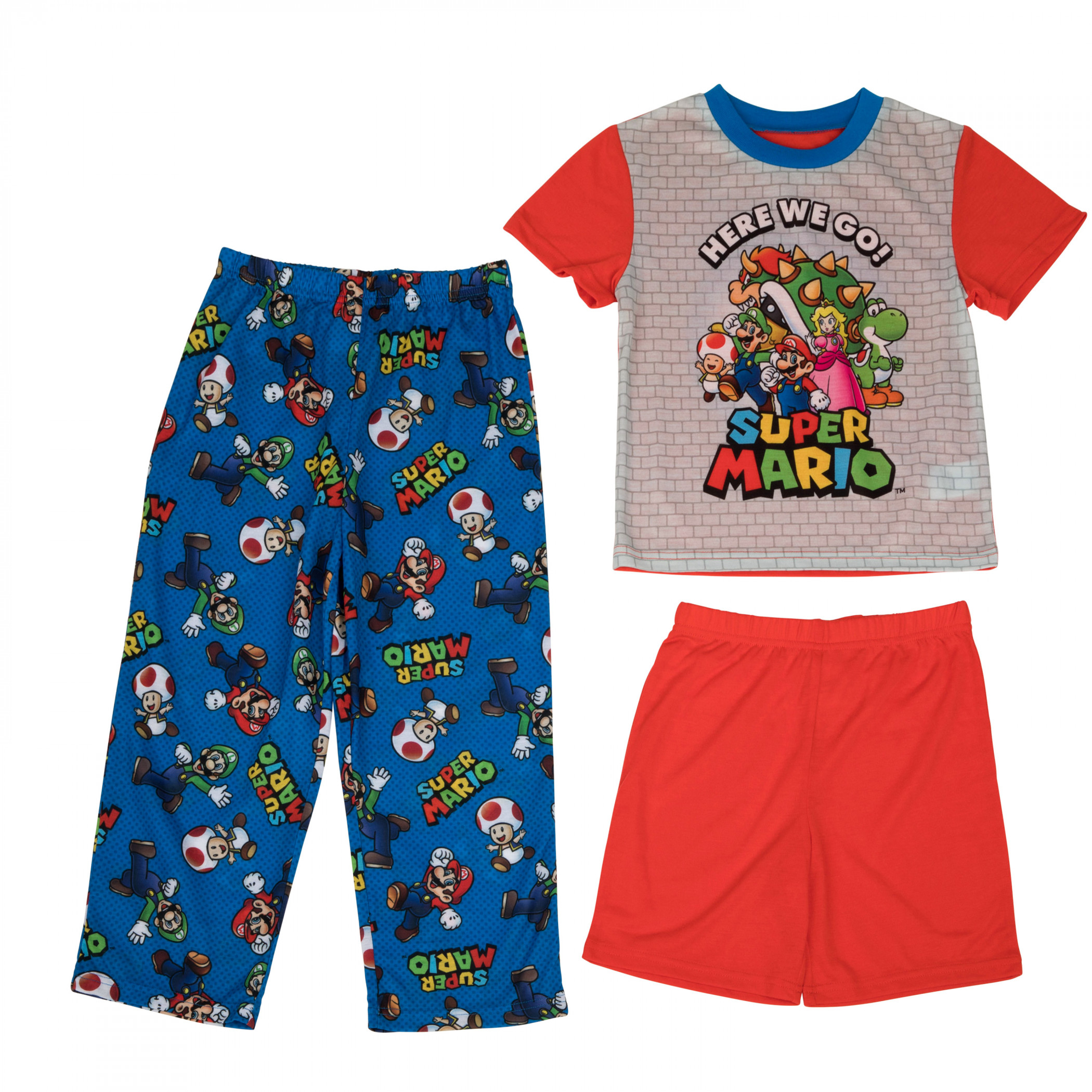 Super Mario Bros. Here We Go 3 Piece Boys Pajama Set Multi Color